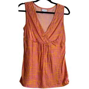 Isaac Mizrahi Blouse Top Women Large Orange Silk V-Neck Sleeveless Baby doll
